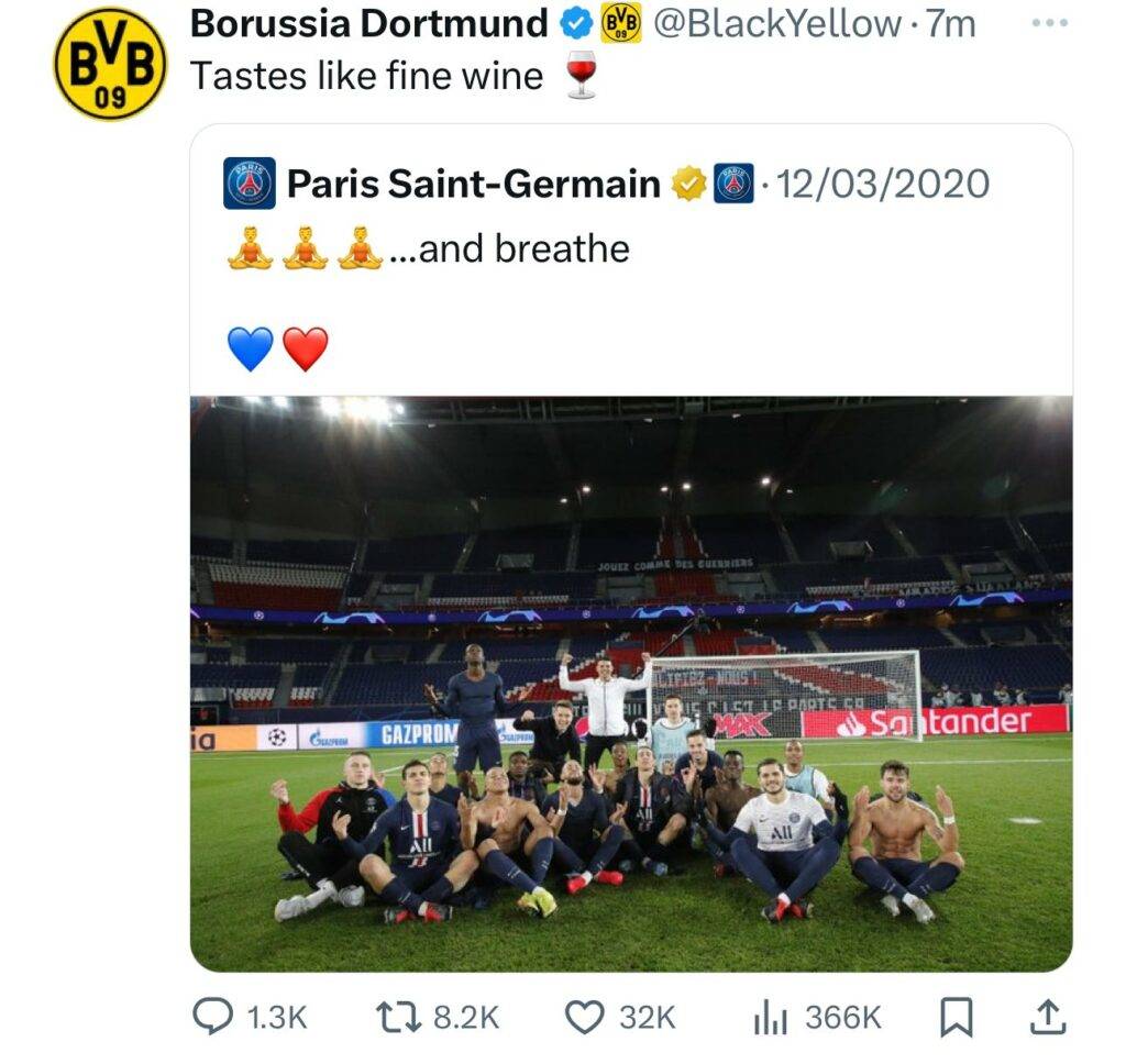 أبدى الحساب الرسمي لنادي بروسيا دورتموند الألماني على منصة "إكس" سخريته من تغريدة سابقة نشرها حساب باريس سان جيرمان